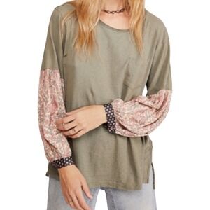 Free People We The Free Jade Green‎ Top with Pink Printed Sleeves L